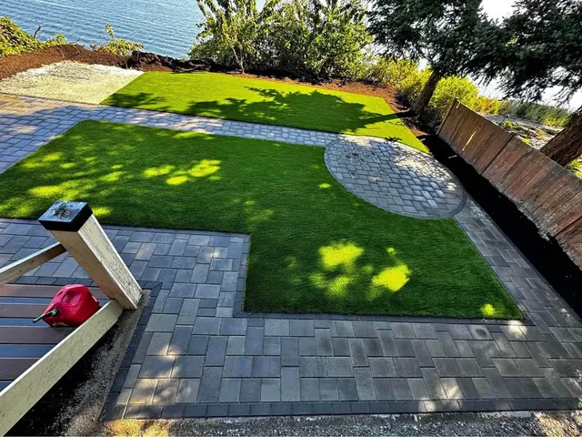 Artificial turf lawn edged with pavers